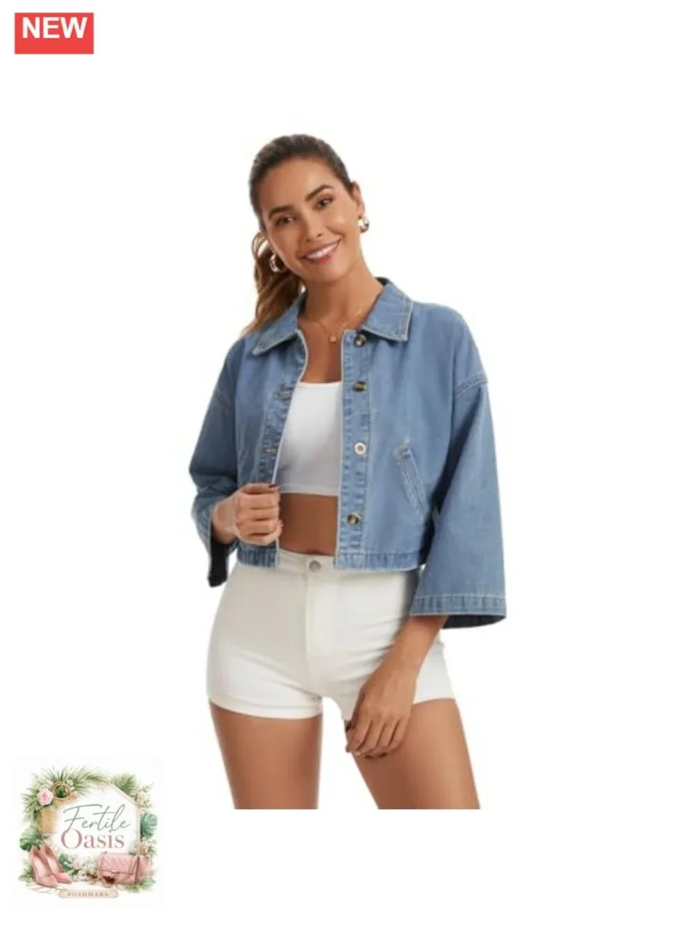 Womens Denim Jacket 3/4 Sleeve Casual Button Down Crop Jean Shirt